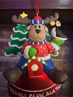Denali Park Moose Holiday Ornament in Red, Green, Blue
